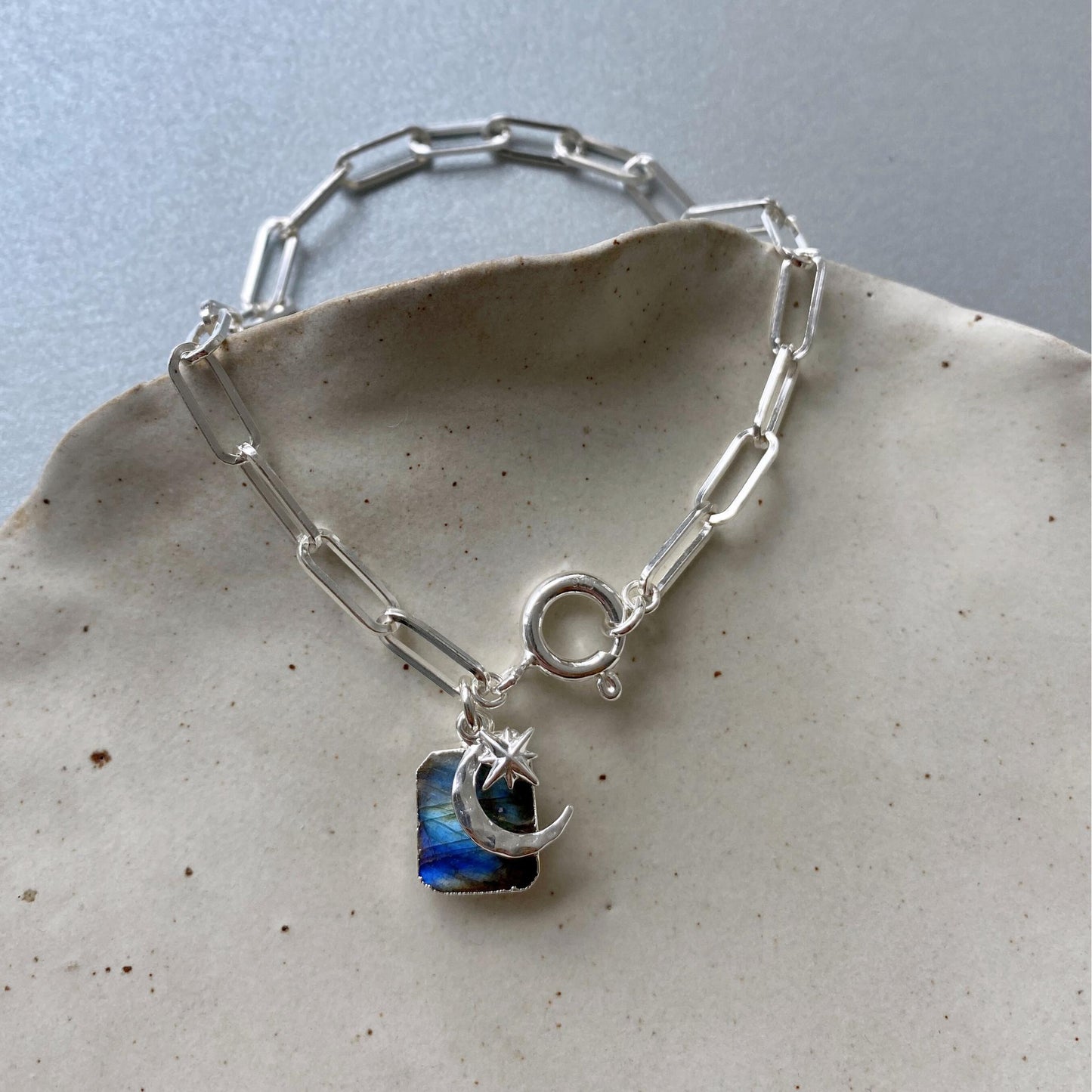 Labradorite Moon & Star Gem Slice Triple Chunky Chain Bracelet | Adventure (Silver)