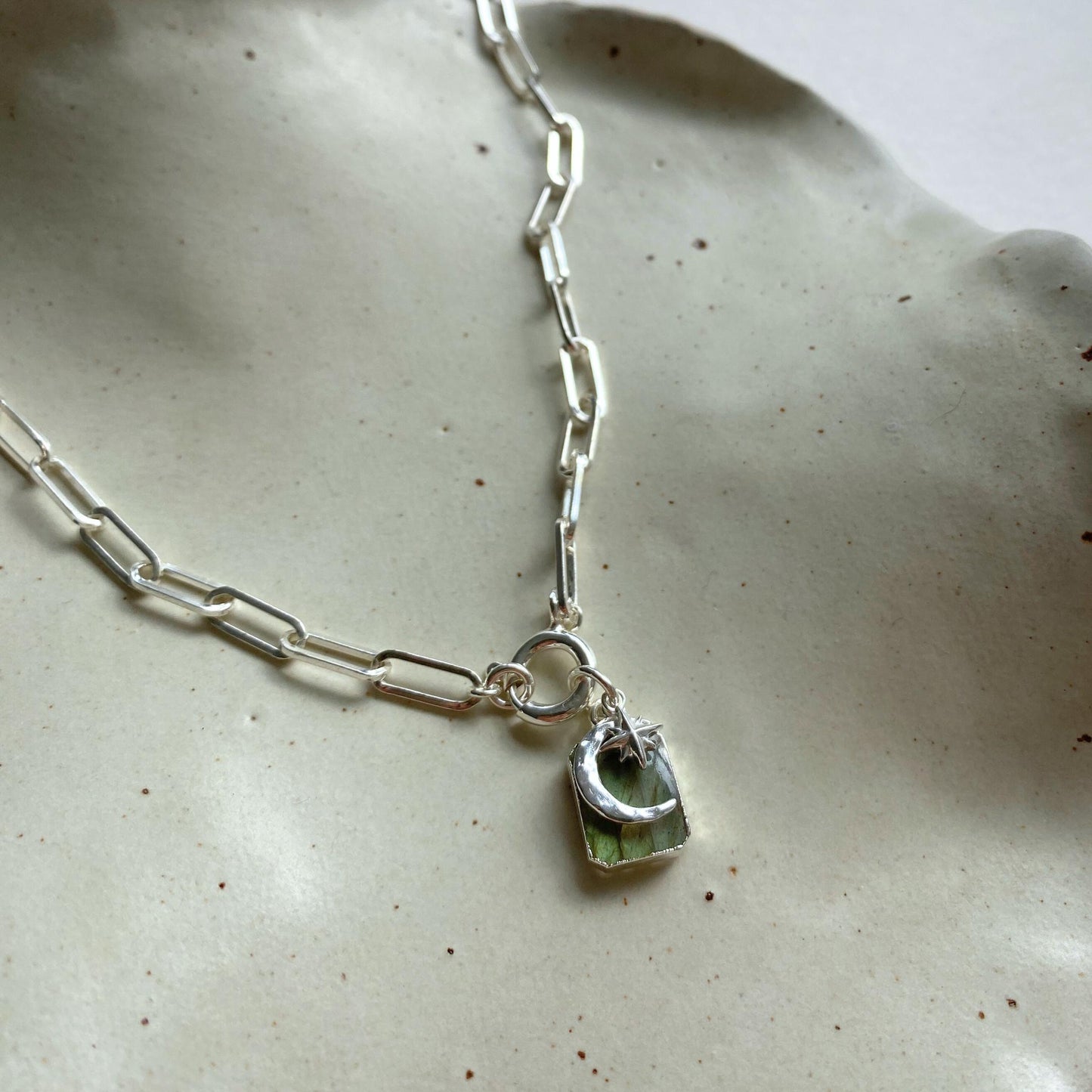 Labradorite Moon & Star Gem Slice Triple Chunky Chain Necklace | Adventure (Silver)