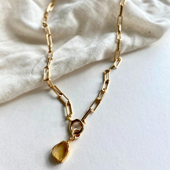 November Birthstone | Citrine Carved Chunky Chain Necklace (Gold Plated)