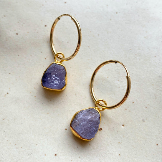 Load image into Gallery viewer, Tanzanite Carved Hoop Earrings (Gold Fill)

