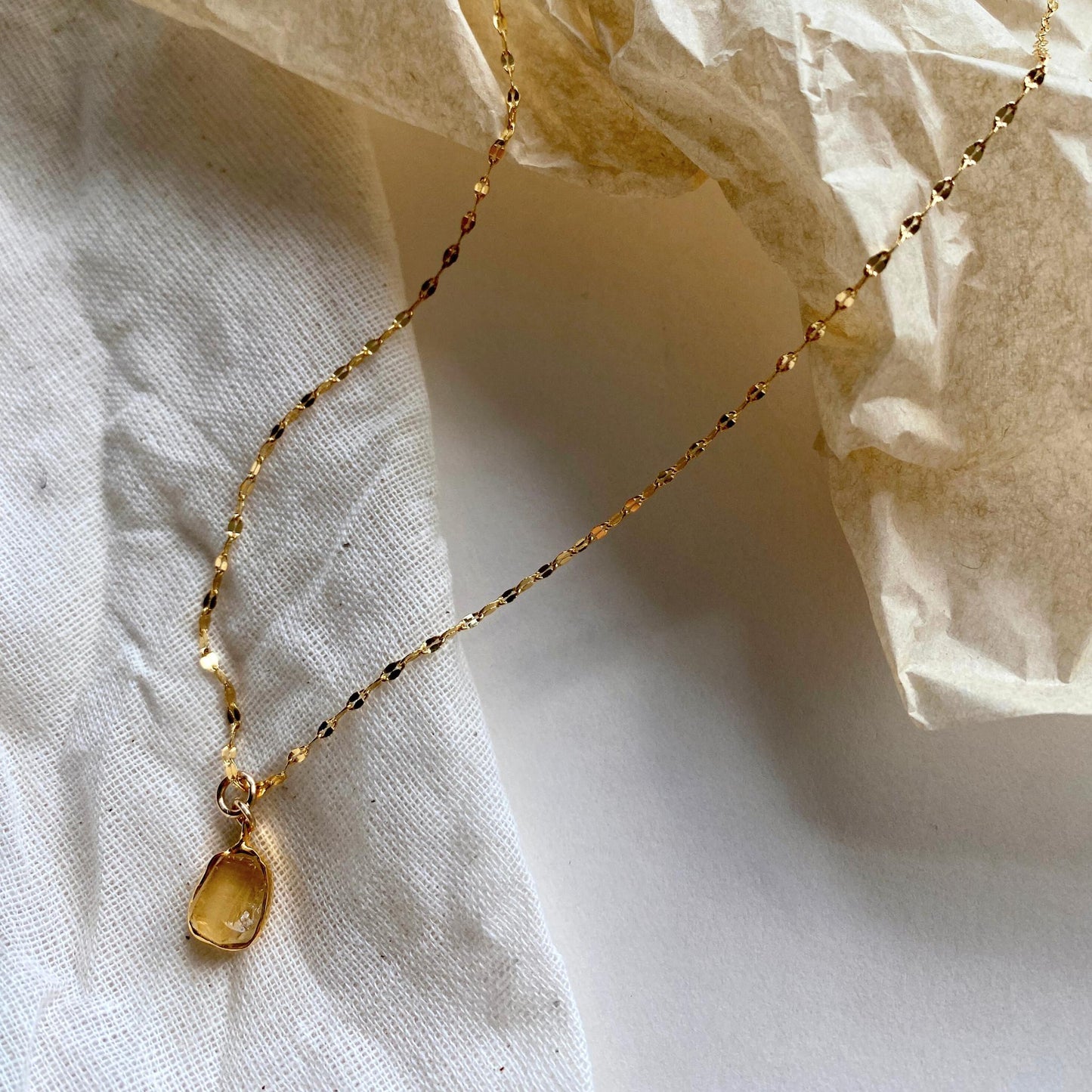 November Birthstone | Citrine Carved Vintage Chain Necklace (Gold Plated)