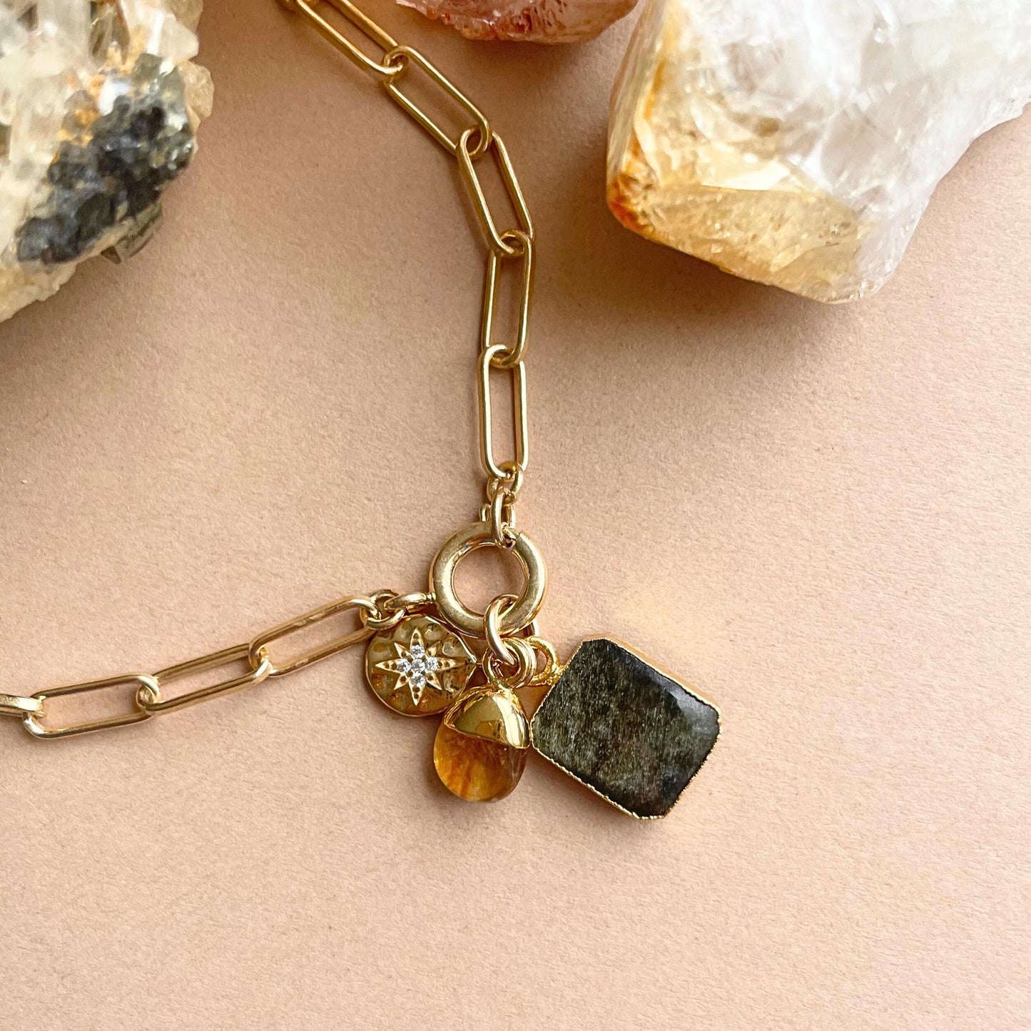 Hypersthene & Citrine Gem Slice Triple Necklace | Success (Gold Plated)