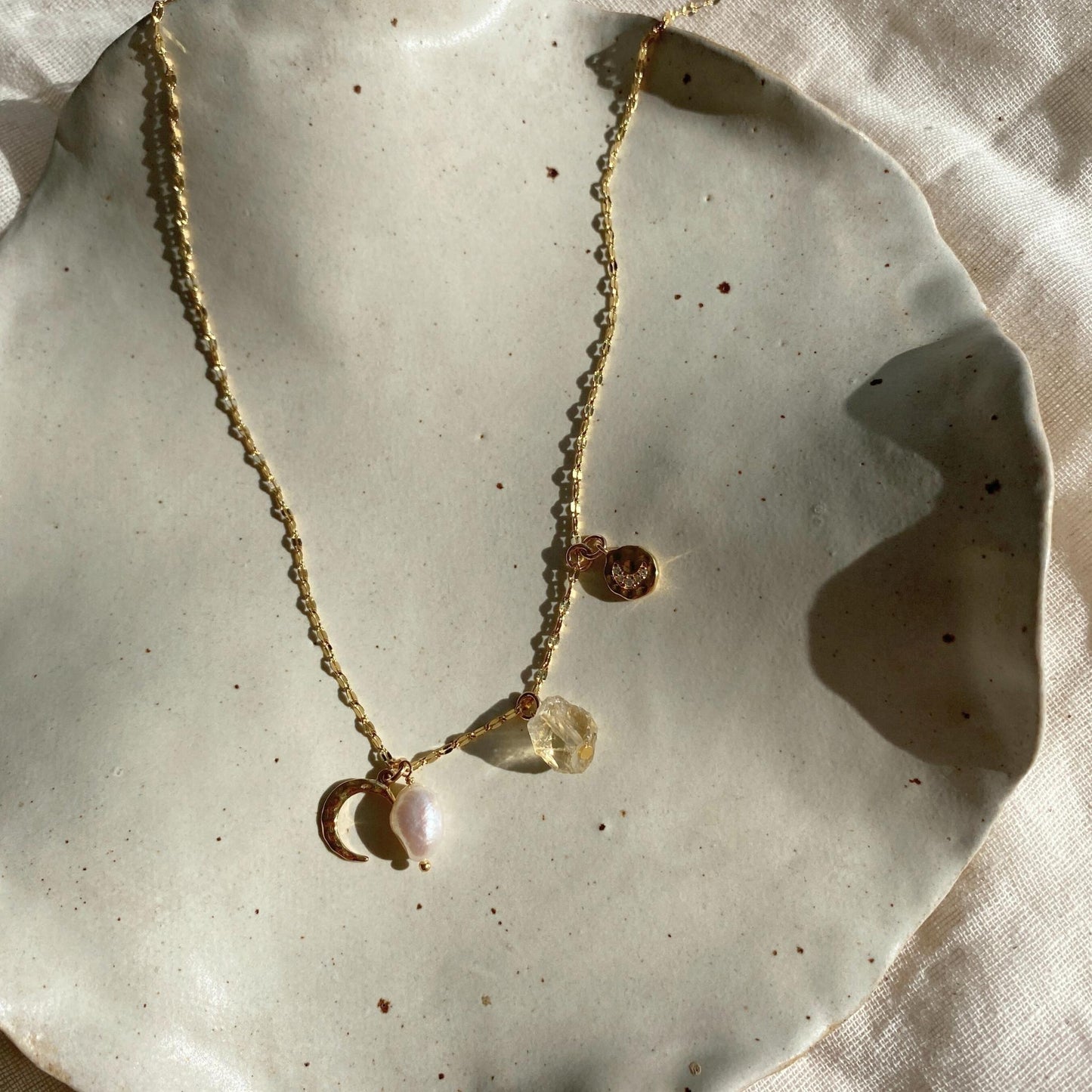 November Birthstone | Citrine Moon Charm Necklace (Gold Plated)