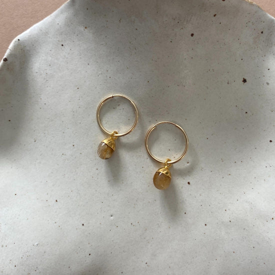 Load image into Gallery viewer, Citrine Tiny Tumbled Hoop Earrings | Success (Gold)
