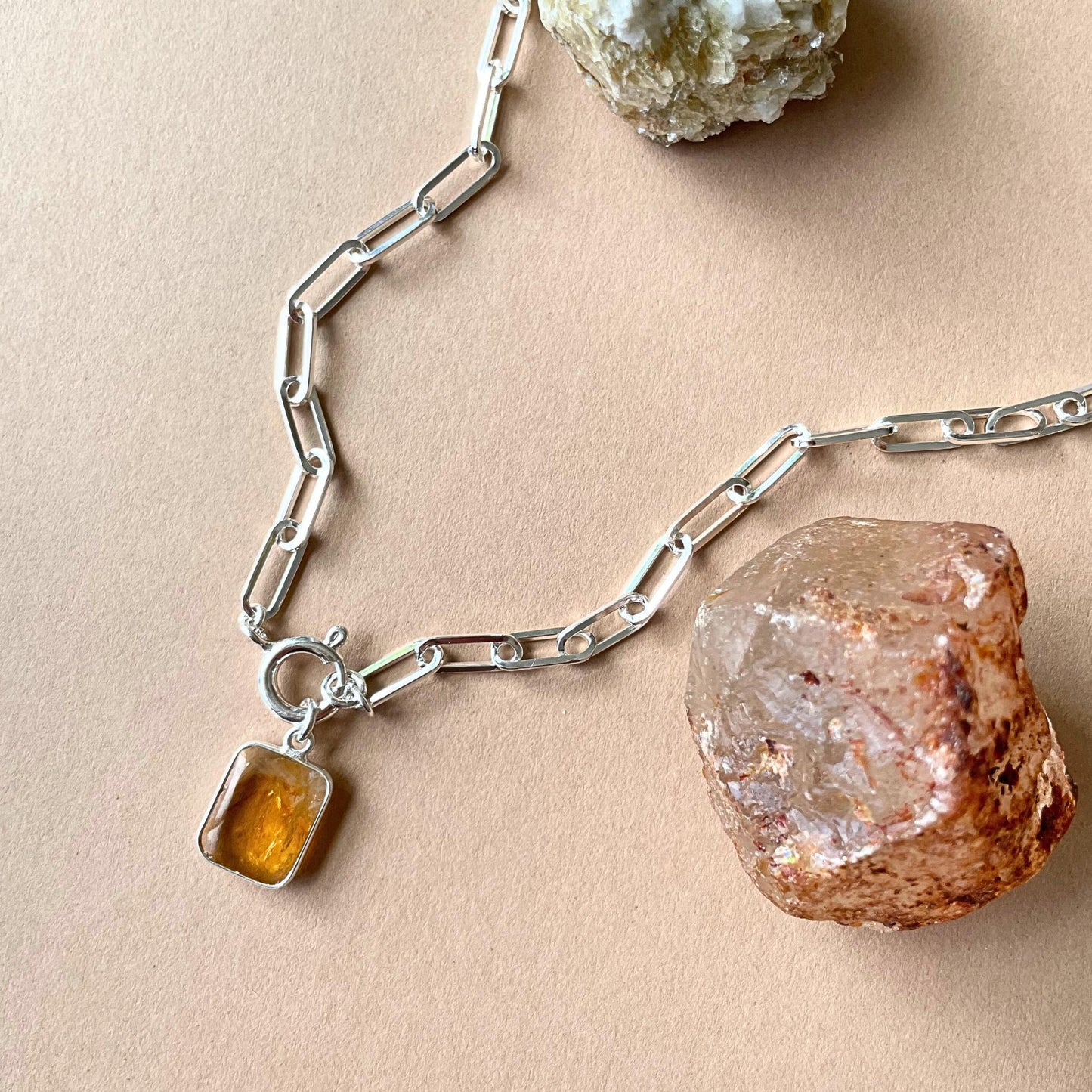 Citrine Gem Slice Chunky Chain Necklace | Success (Silver)