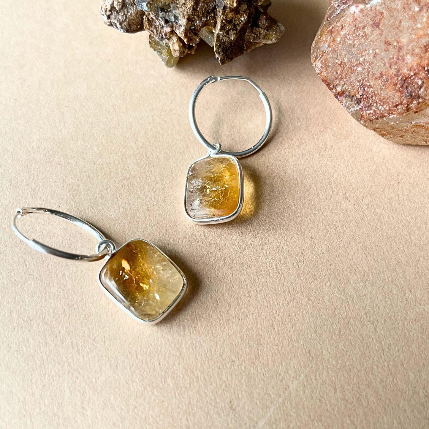 Citrine Gem Slice Hoop Earrings | Creativity & Success (Silver)