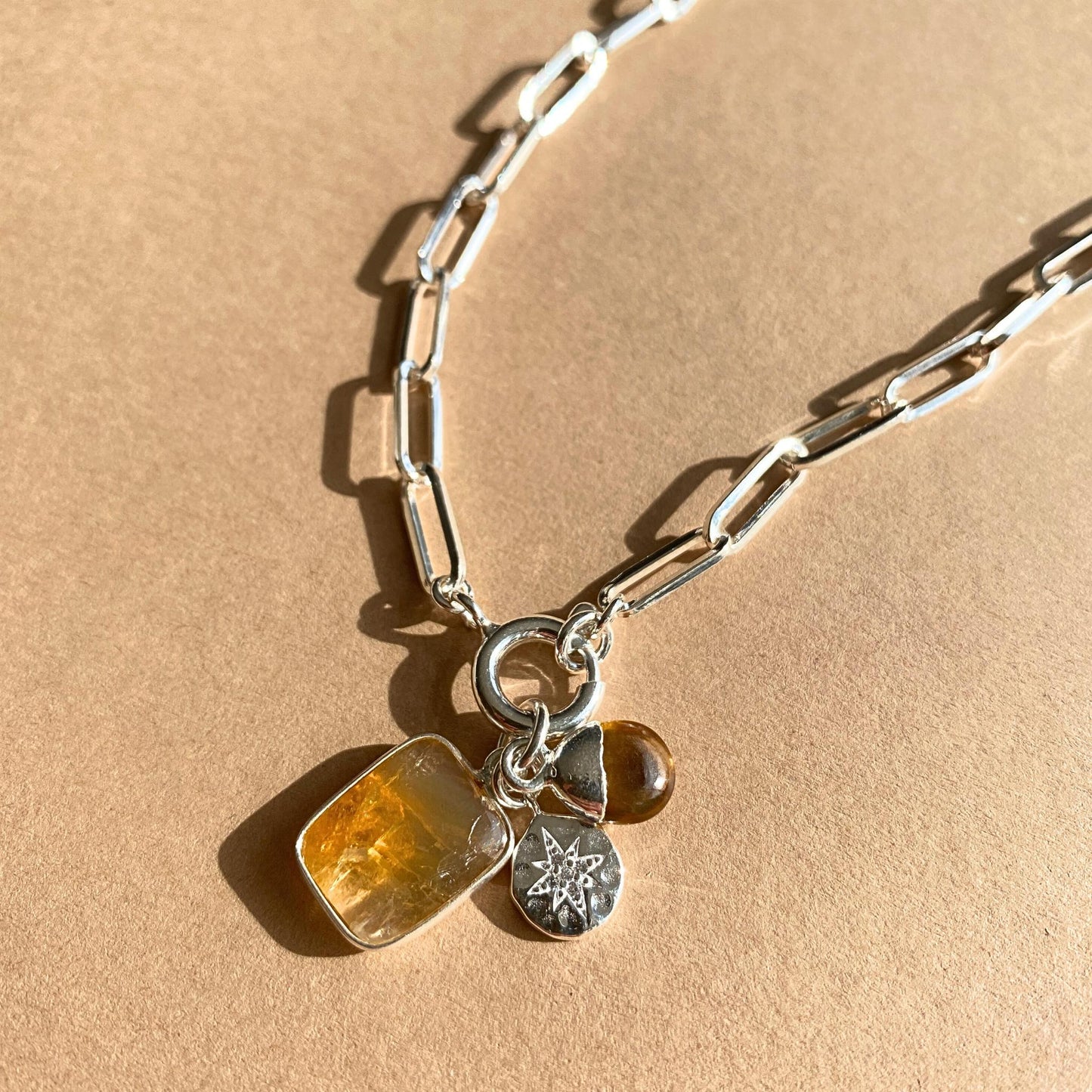 Citrine Gem Slice Triple Chunky Chain Necklace | Success (Silver)