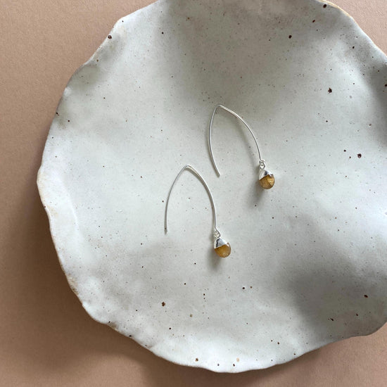 November Birthstone | Citrine Tiny Tumbled Dropper Earrings (Silver)