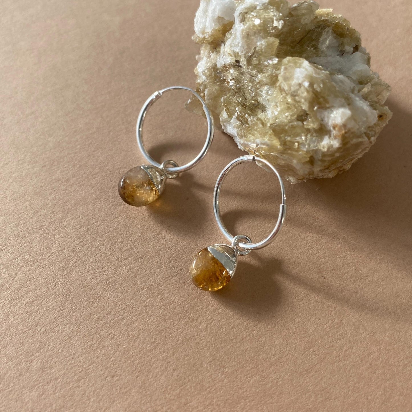 November Birthstone | Citrine Tiny Tumbled Hoop Earrings (Silver)