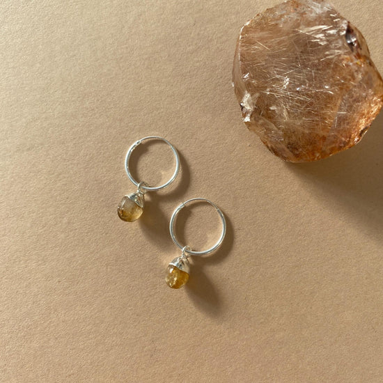 November Birthstone | Citrine Tiny Tumbled Hoop Earrings (Silver)