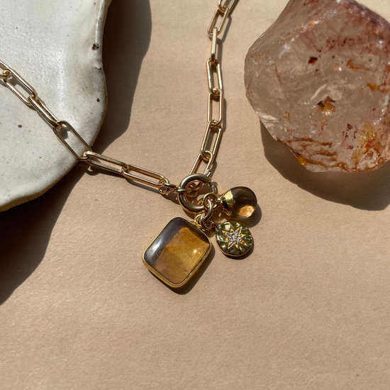 Citrine Gem Slice Triple Chunky Chain Necklace | Success (Gold Plated)