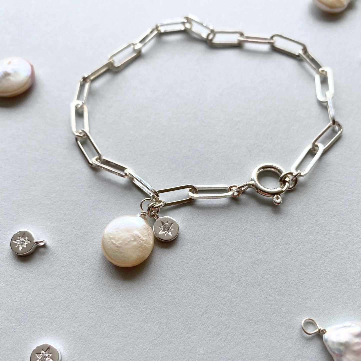 Freshwater Coin Pearl Chunky Chain Bracelet (Sterling Silver)