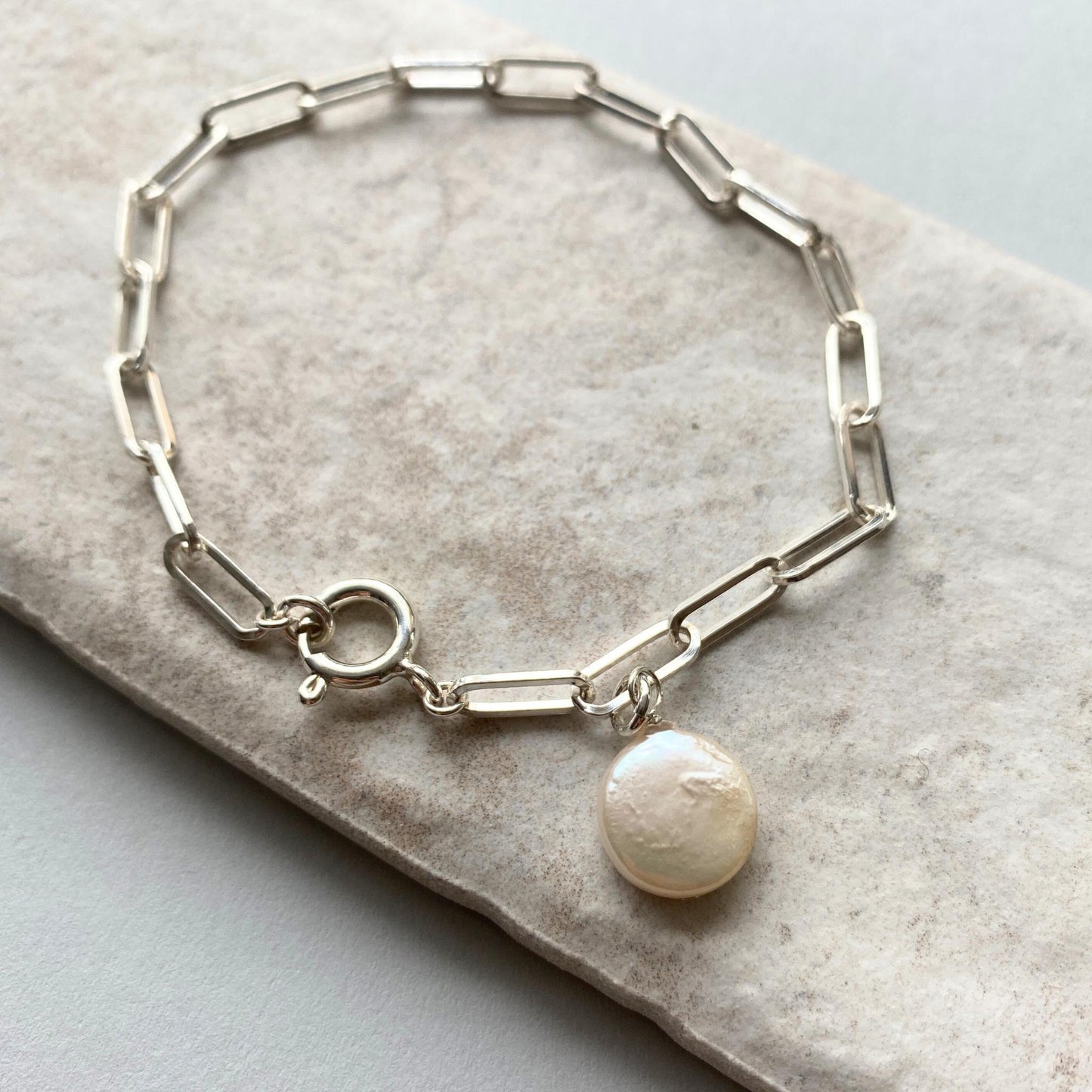 Freshwater Coin Pearl Chunky Chain Bracelet (Sterling Silver)