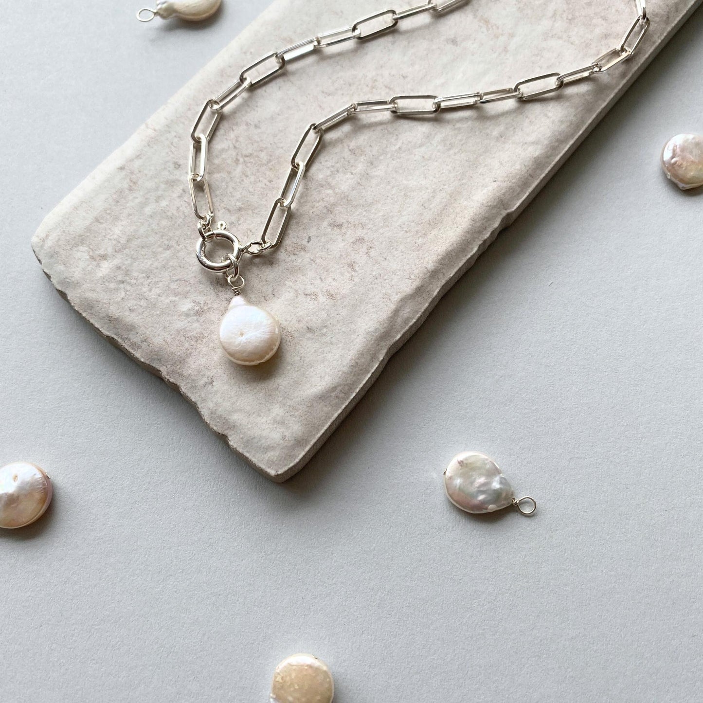 Freshwater Coin Pearl Chunky Chain Necklace (Sterling Silver)
