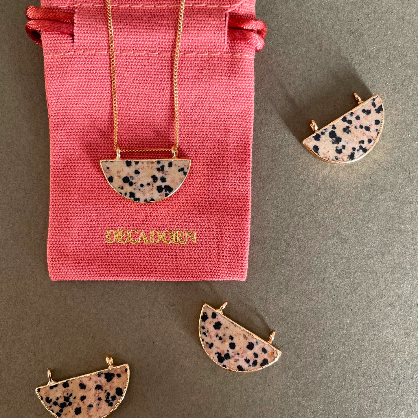 Dalmatian Jasper Semi Circle Pendant Necklace | Positivity (Gold Plated)