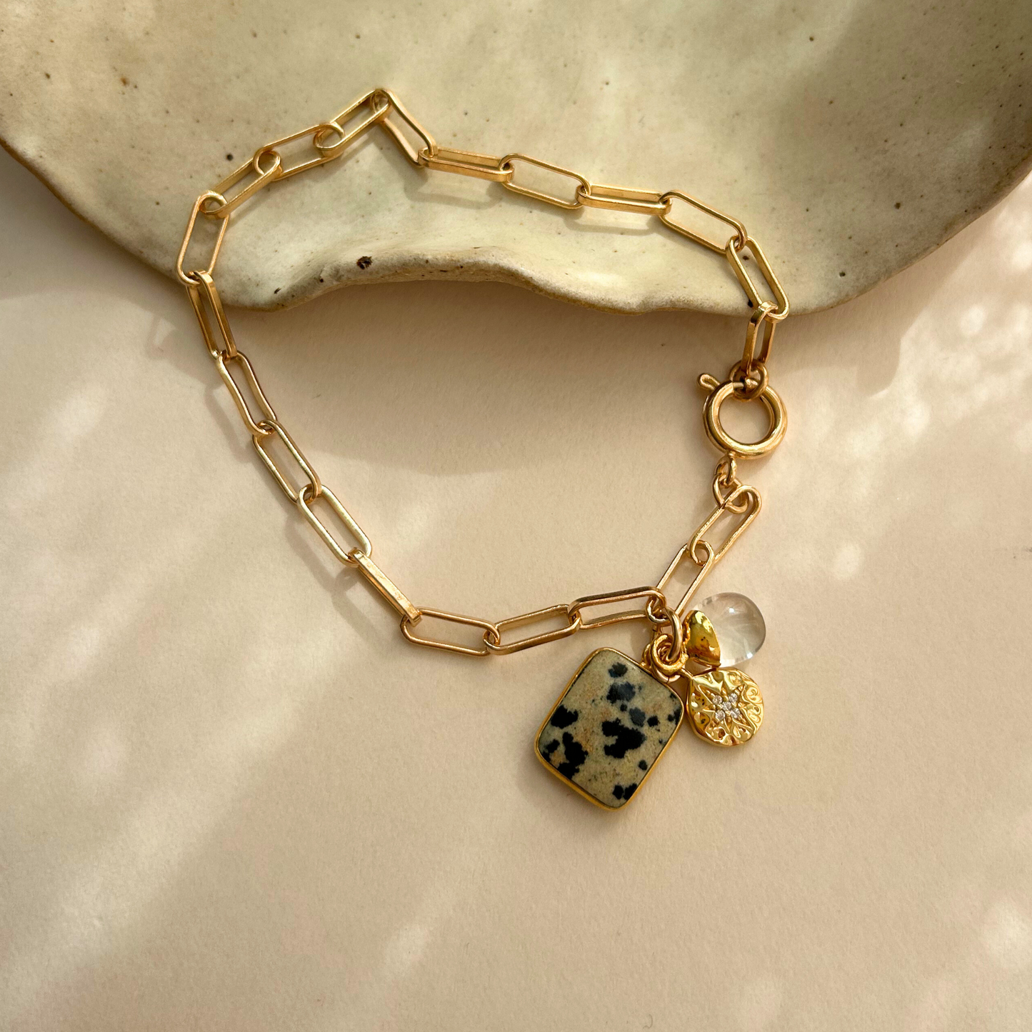 Dalmatian Gem Slice Triple Chunky Chain Bracelet | Positivity (Gold Plated)