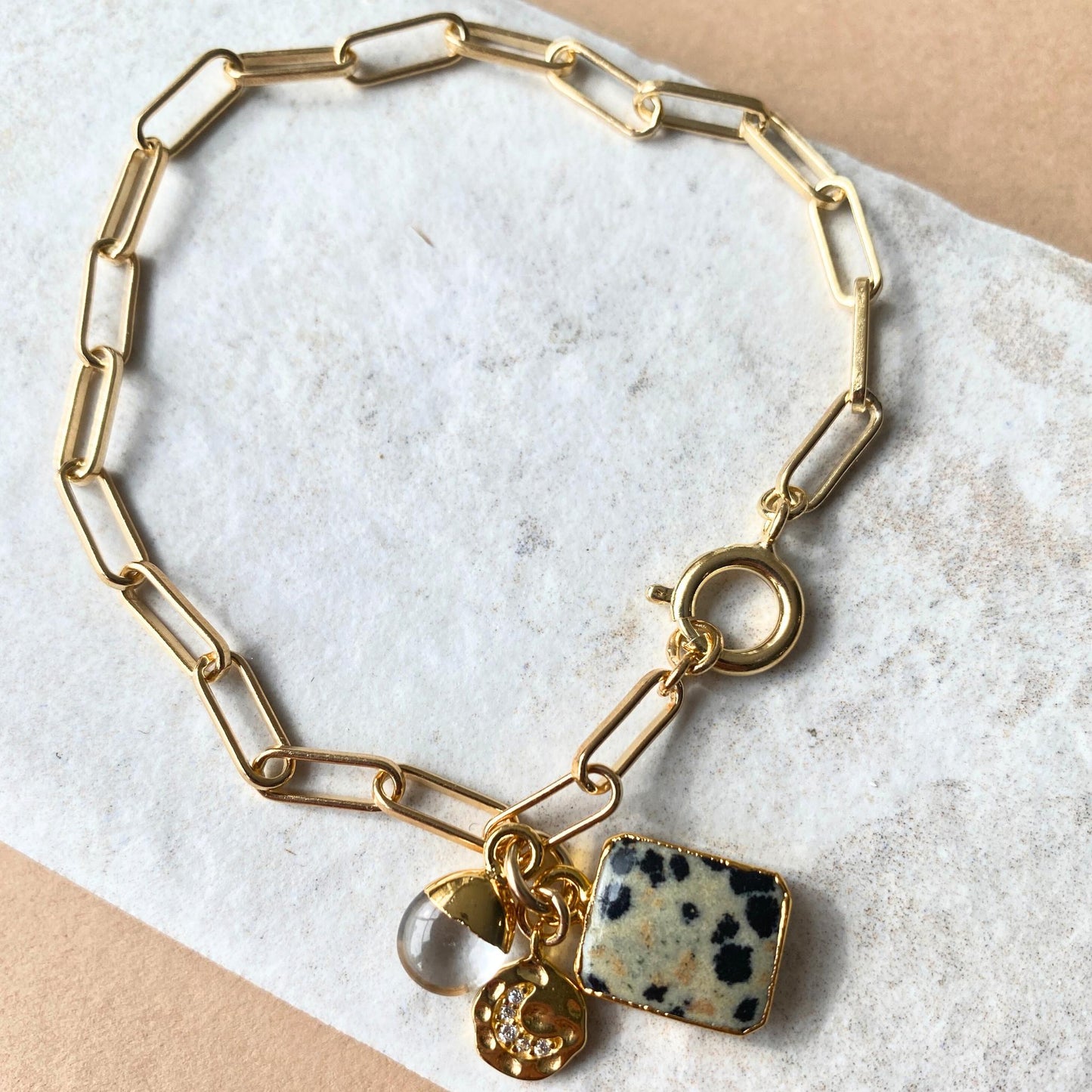 Dalmatian Gem Slice Triple Chunky Chain Bracelet | Positivity (Gold Plated)