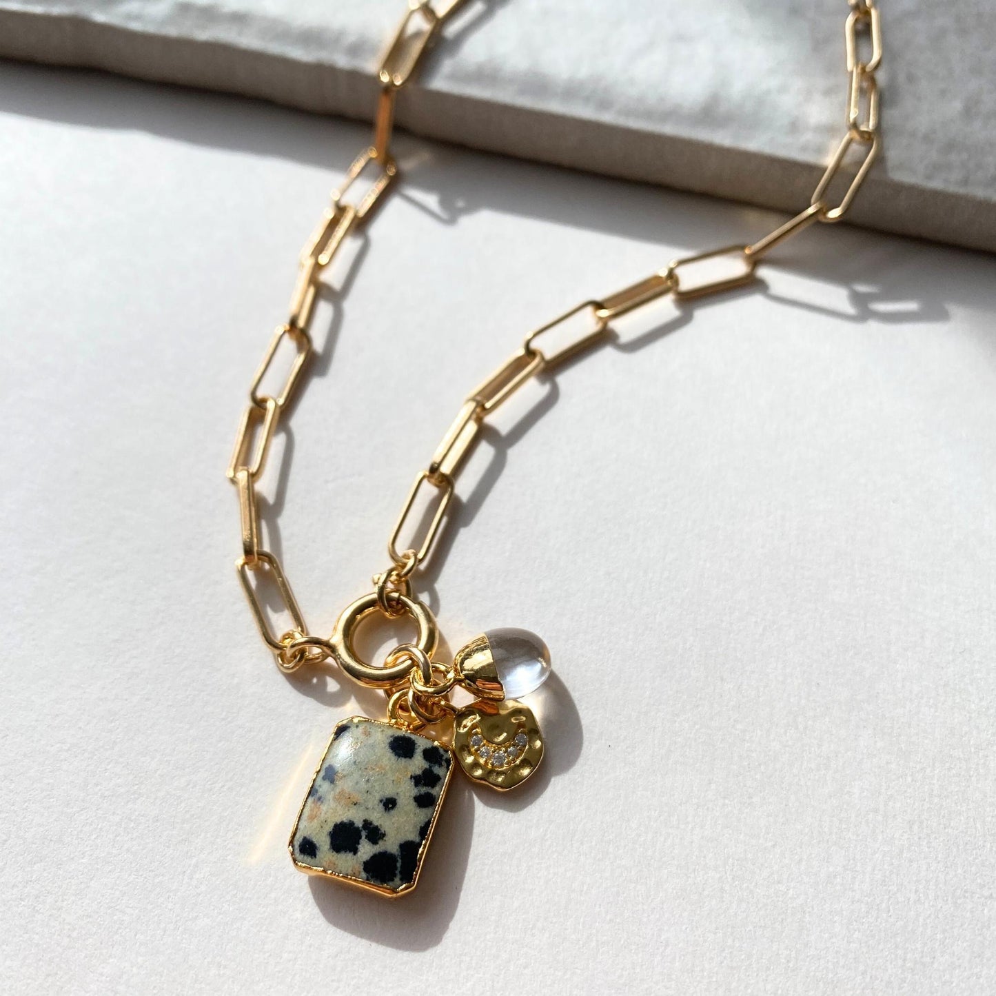 Dalmatian Gem Slice Triple Chunky Chain Necklace | Positivity (Gold Plated)