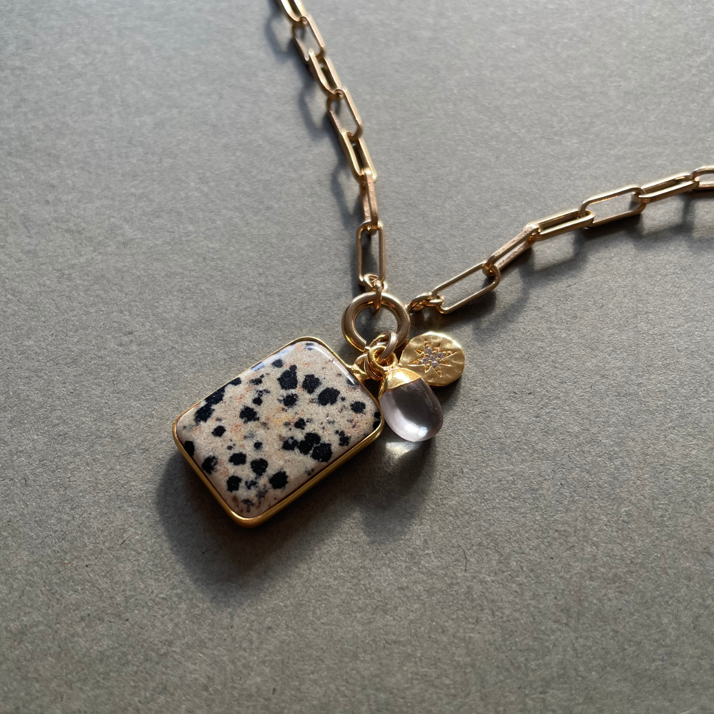 Dalmatian Gem Slice Triple Chunky Chain Necklace | Positivity (Gold Plated)