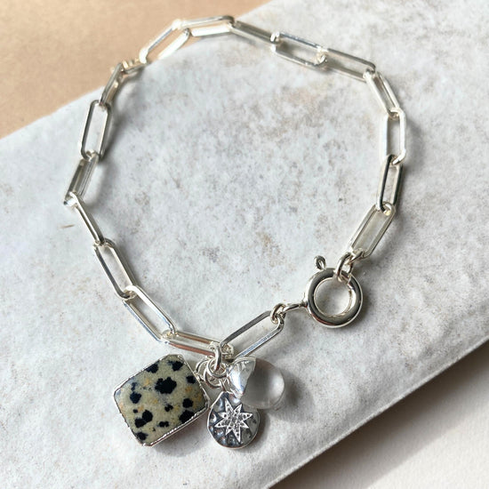 Dalmatian Gem Slice Triple Chunky Chain Bracelet | Positivity (Silver)