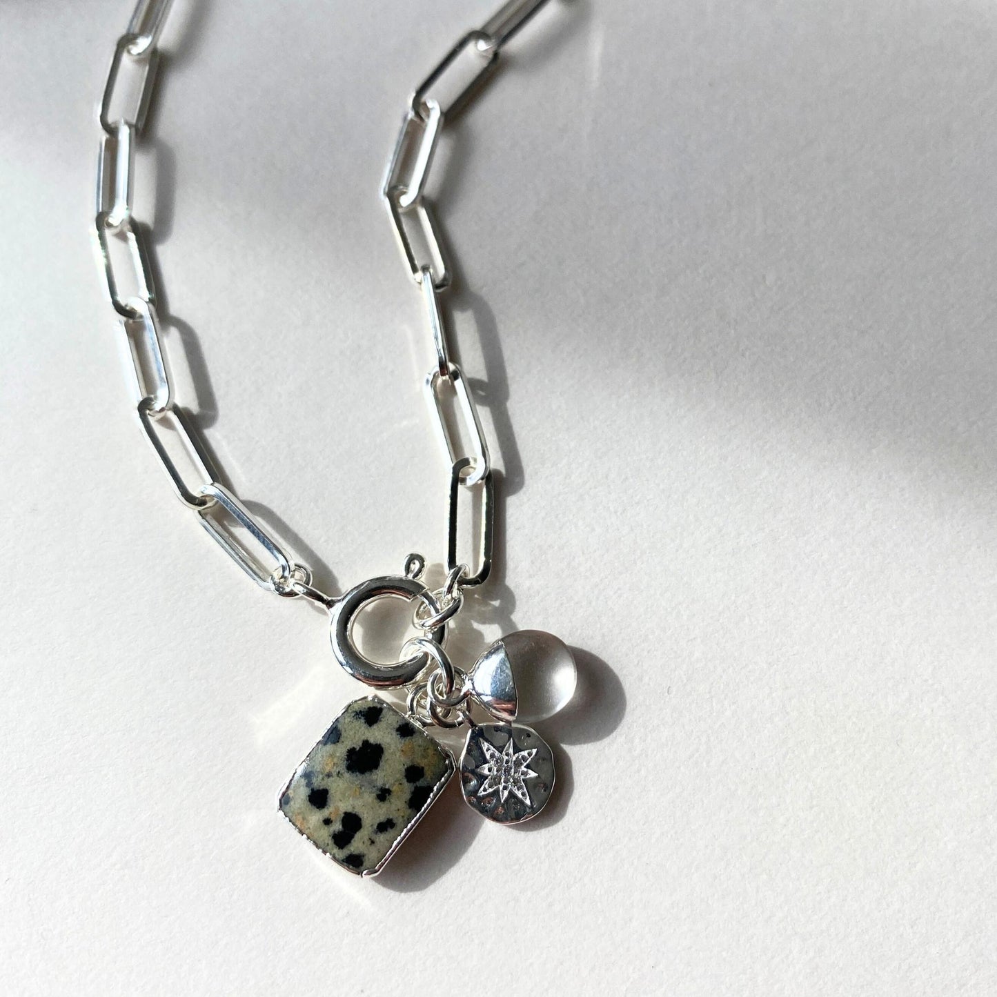 Dalmatian Gem Slice Triple Chunky Chain Necklace | Positivity (Silver)