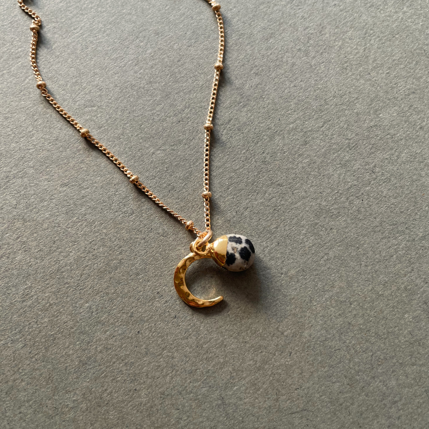 Dalmatian Jasper Tumbled & Moon Necklace | Protection (Gold Plated)