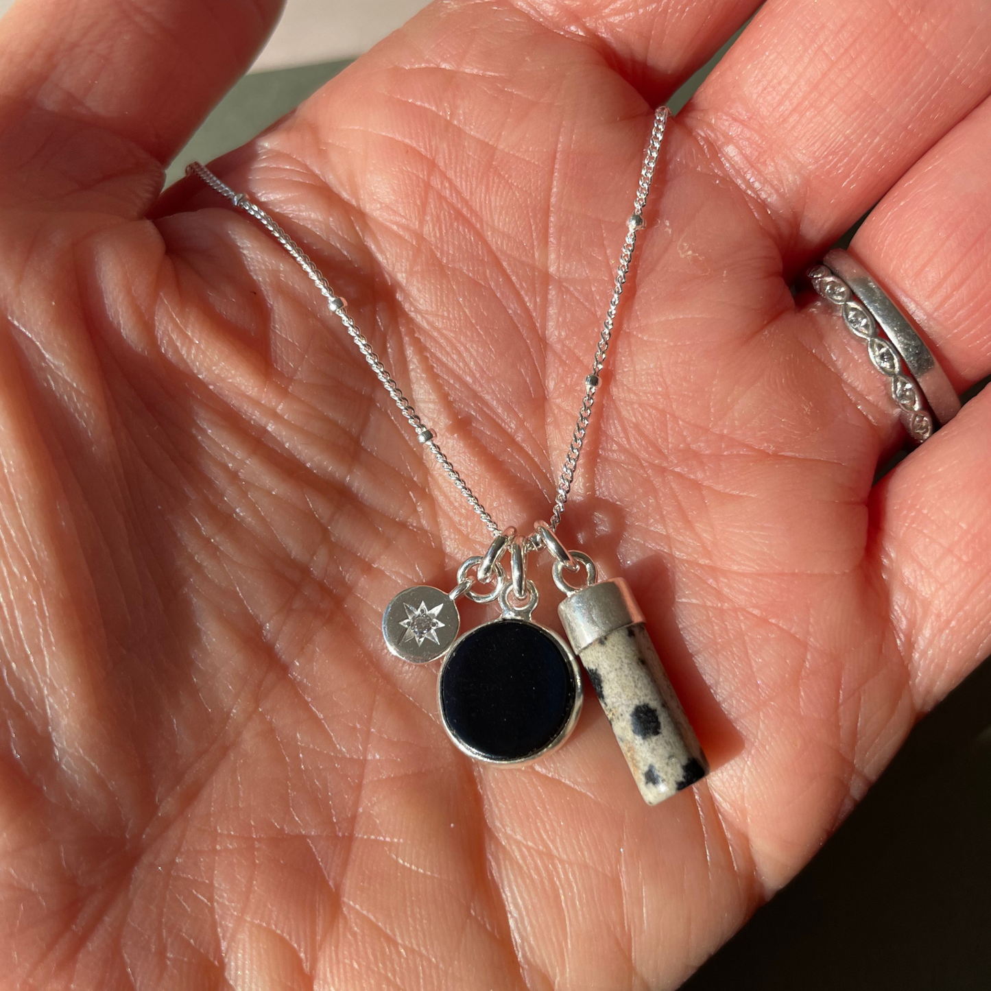 Dalmatian Jasper & Black Onyx Triple Pendant Necklace (Silver)