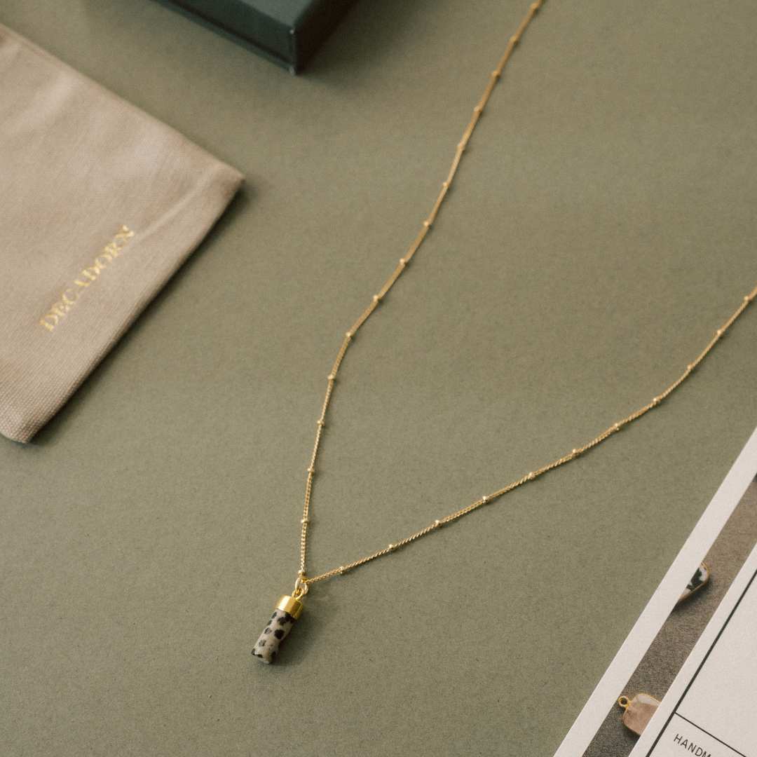 Dalmatian Jasper Wand Pendant Necklace | Positivity (Gold)