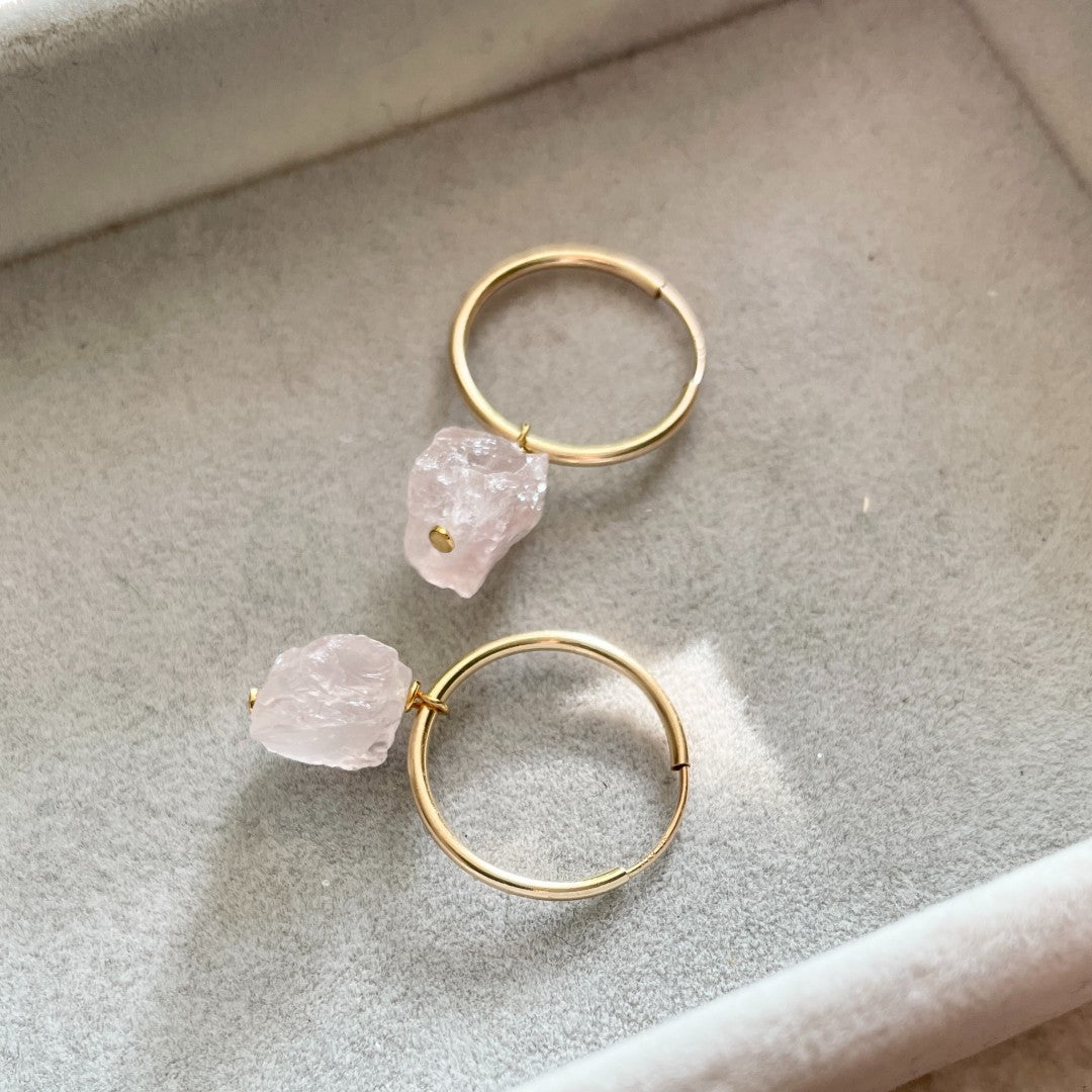 Load image into Gallery viewer, Rose Quartz Threaded Hoop Earrings | Love (Gold-Fill)
