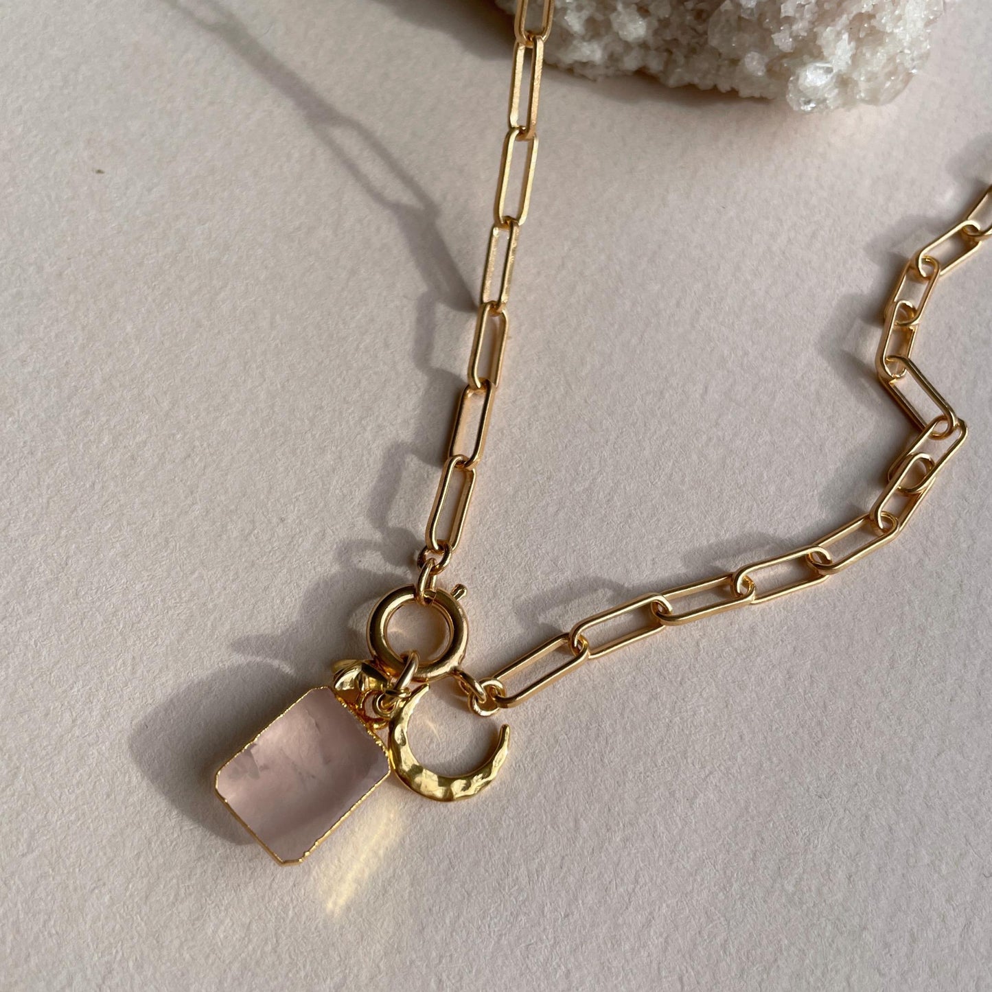 Load image into Gallery viewer, Rose Quartz, Moon &amp;amp; Star Gem Slice Triple Chunky Chain Necklace | Love (Gold Plated)
