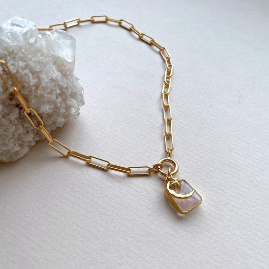 Load image into Gallery viewer, Rose Quartz, Moon &amp;amp; Star Gem Slice Triple Chunky Chain Necklace | Love (Gold Plated)
