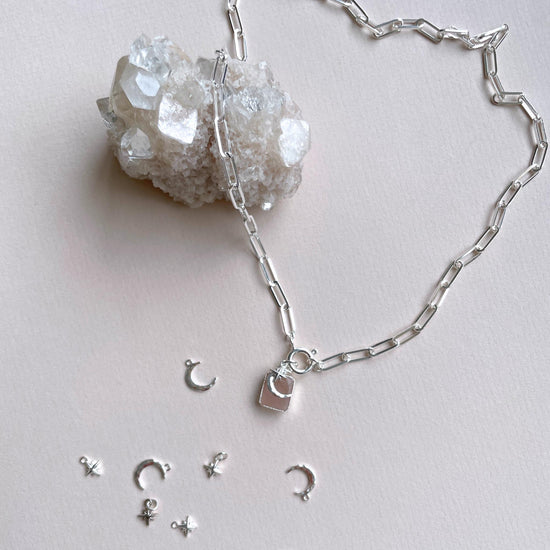 Rose Quartz, Moon & Star Gem Slice Triple Chunky Chain Necklace | Love (Silver)