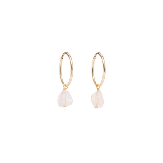 Rose Quartz Hoop Earrings, Raw Threaded, Gold | Decadorn