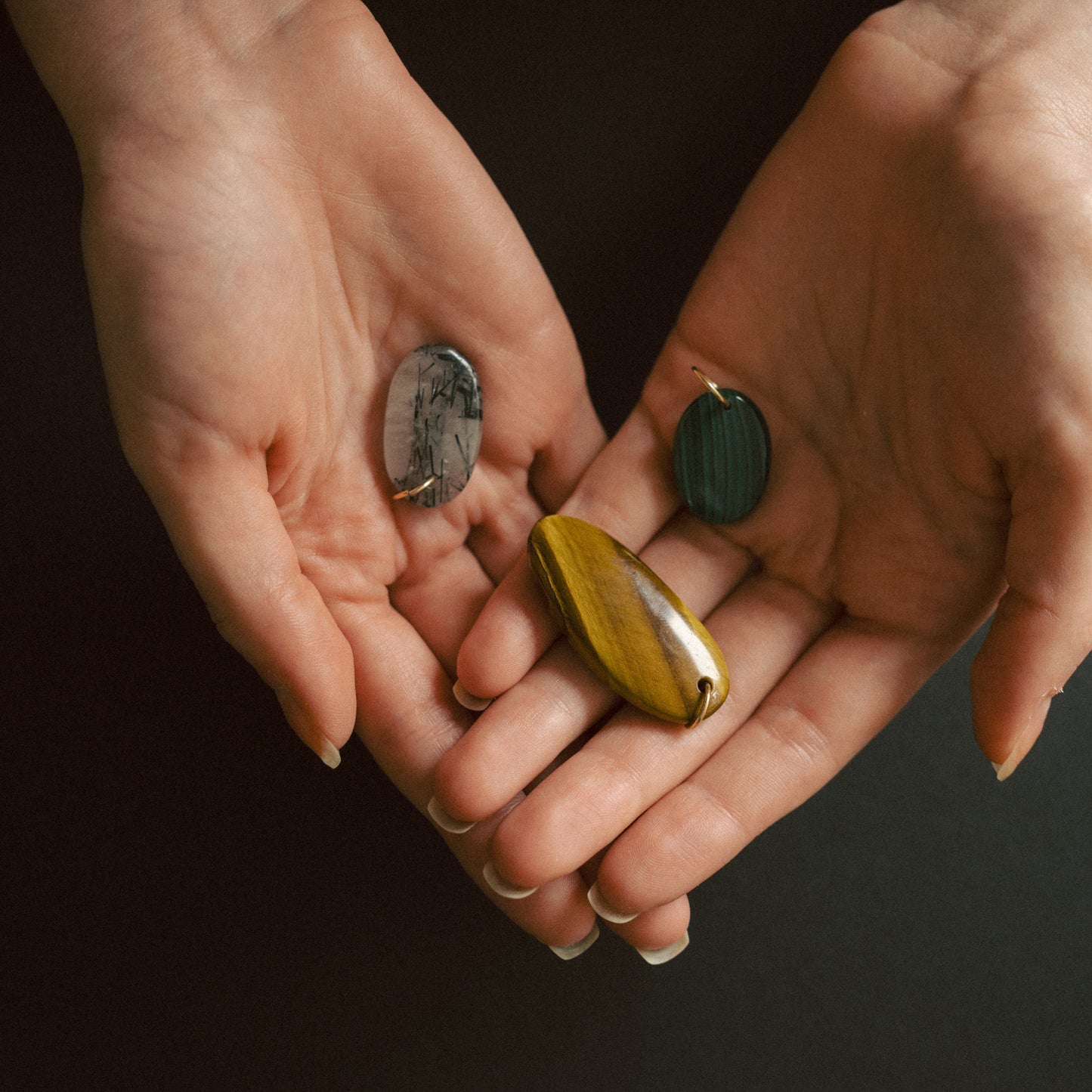 Palm Stones | Tiger Eye, Malachite & Rhutilated Quartz (Gold)
