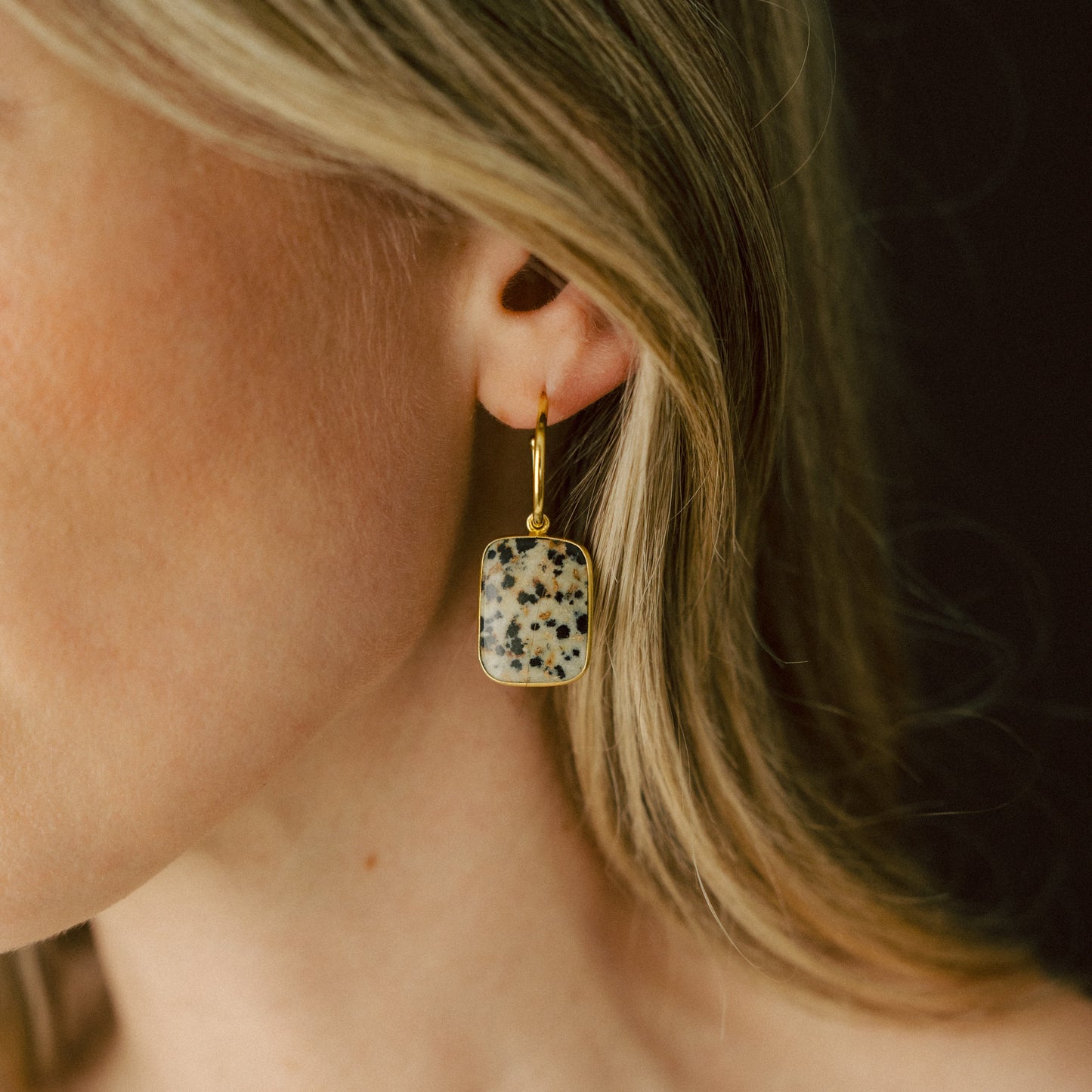 Dalmatian Jasper Large Gem Slice Hoop Earrings | Positivity (Gold Fill)