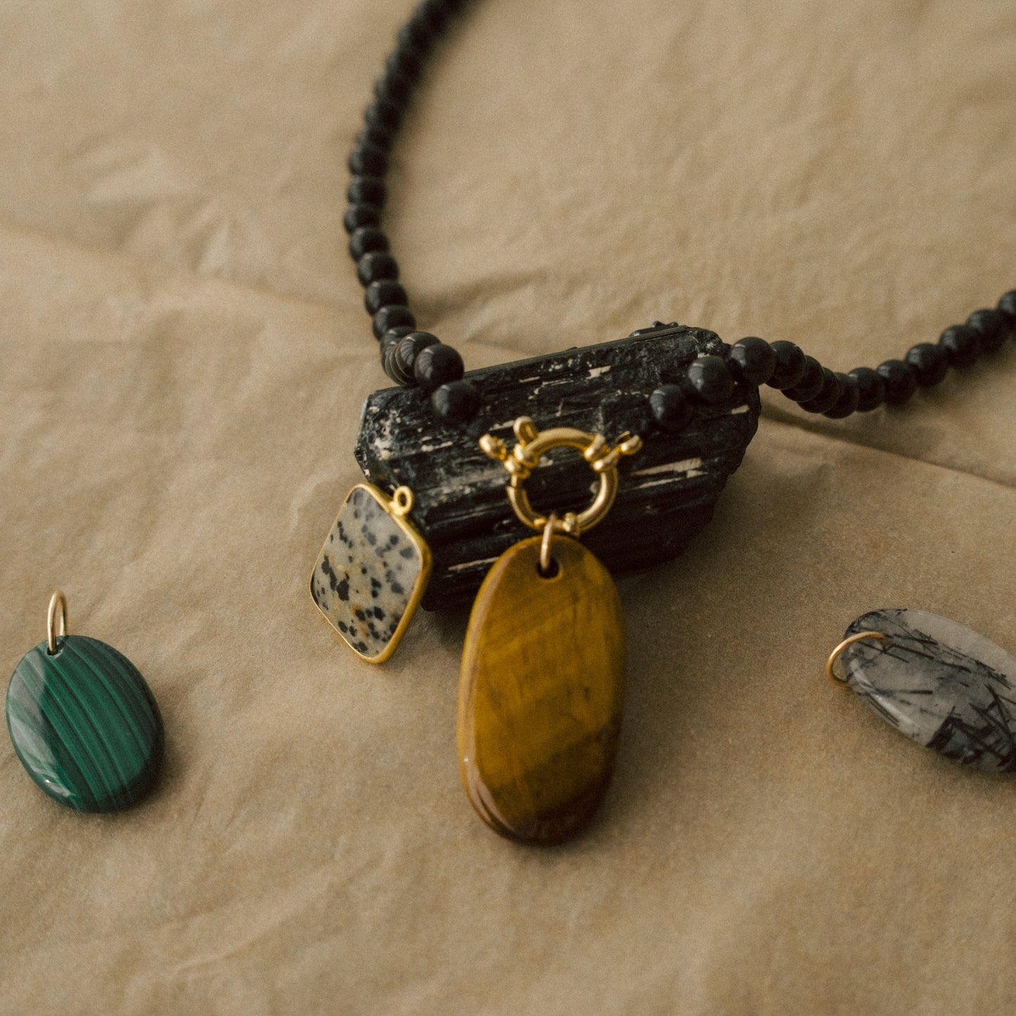 Palm Stones | Tiger Eye, Malachite & Rhutilated Quartz (Gold)