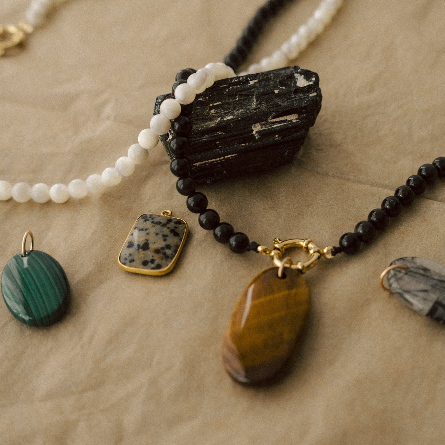 Palm Stones | Tiger Eye, Malachite & Rhutilated Quartz (Gold)