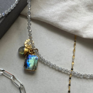 
            
                Load image into Gallery viewer, Labradorite Beaded Gem Slice Charm Necklace | Adventure (Gold Plated)
            
        