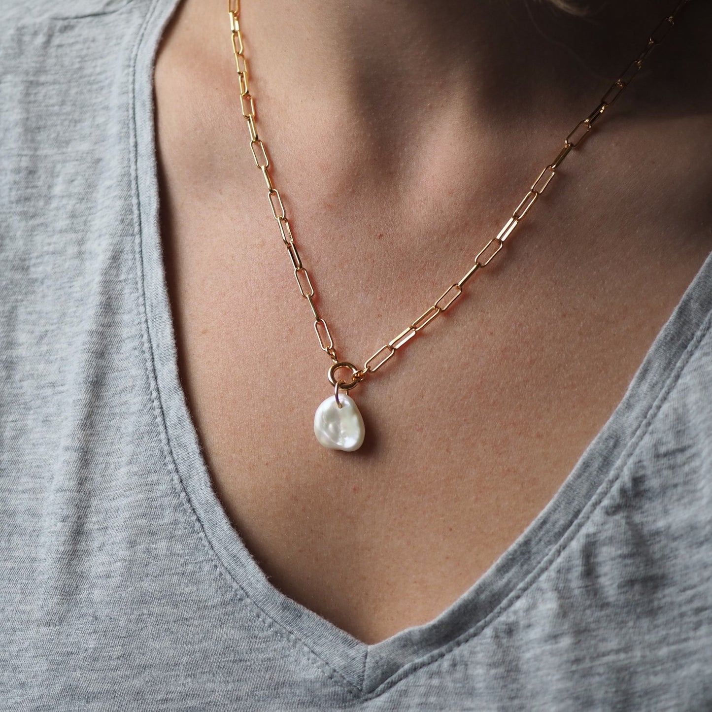Freshwater Pearl Chunky Chain Necklace (Gold Plated)