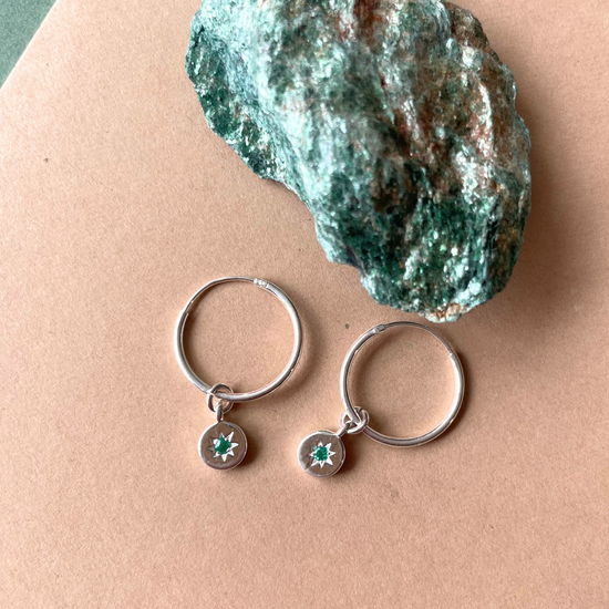 Emerald Guiding Star Birthstone Hoop Earrings | May (Sterling Silver)