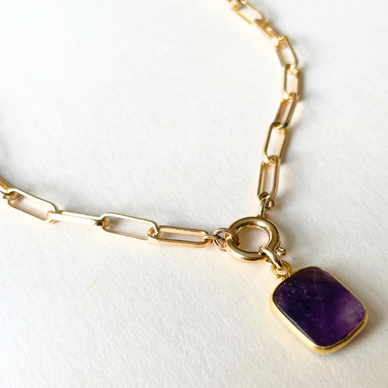 Amethyst Gem Slice Chunky Chain Necklace | Calming (Gold Plated)