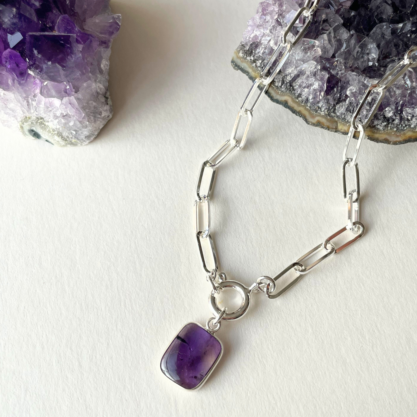 Amethyst Gem Slice Chunky Chain Necklace | Calming (Silver)