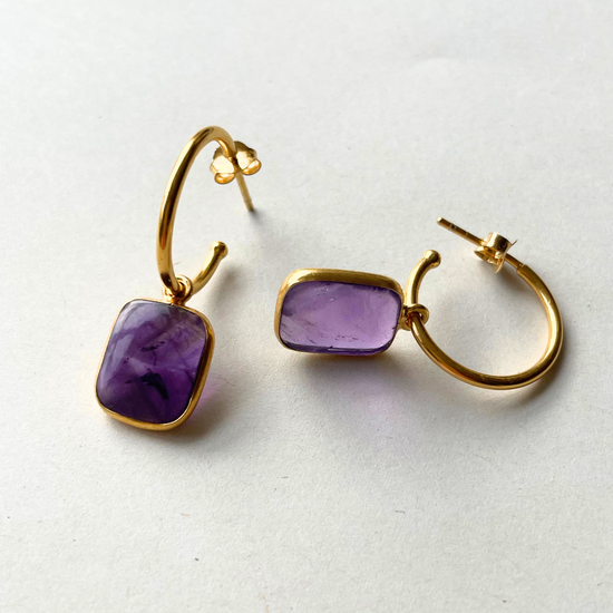 Amethyst Gem Slice Hoop Earrings | Calming (Gold Plated)