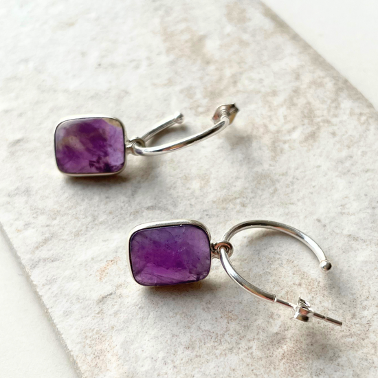 Amethyst Gem Slice Hoop Earrings | Calming (Silver)