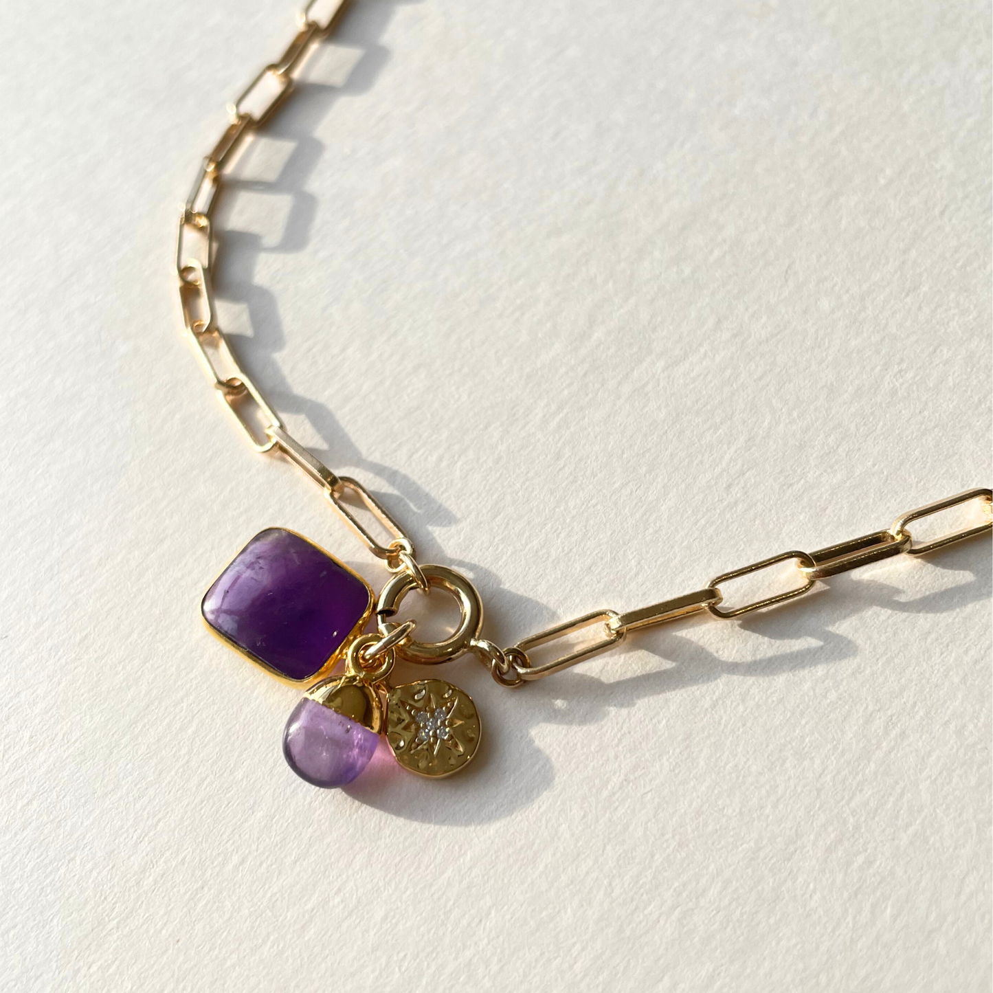 Amethyst Gem Slice Triple Chunky Chain Necklace | Calming (Gold Plated)