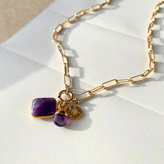 Amethyst Gem Slice Triple Chunky Chain Necklace | Calming (Gold Plated)