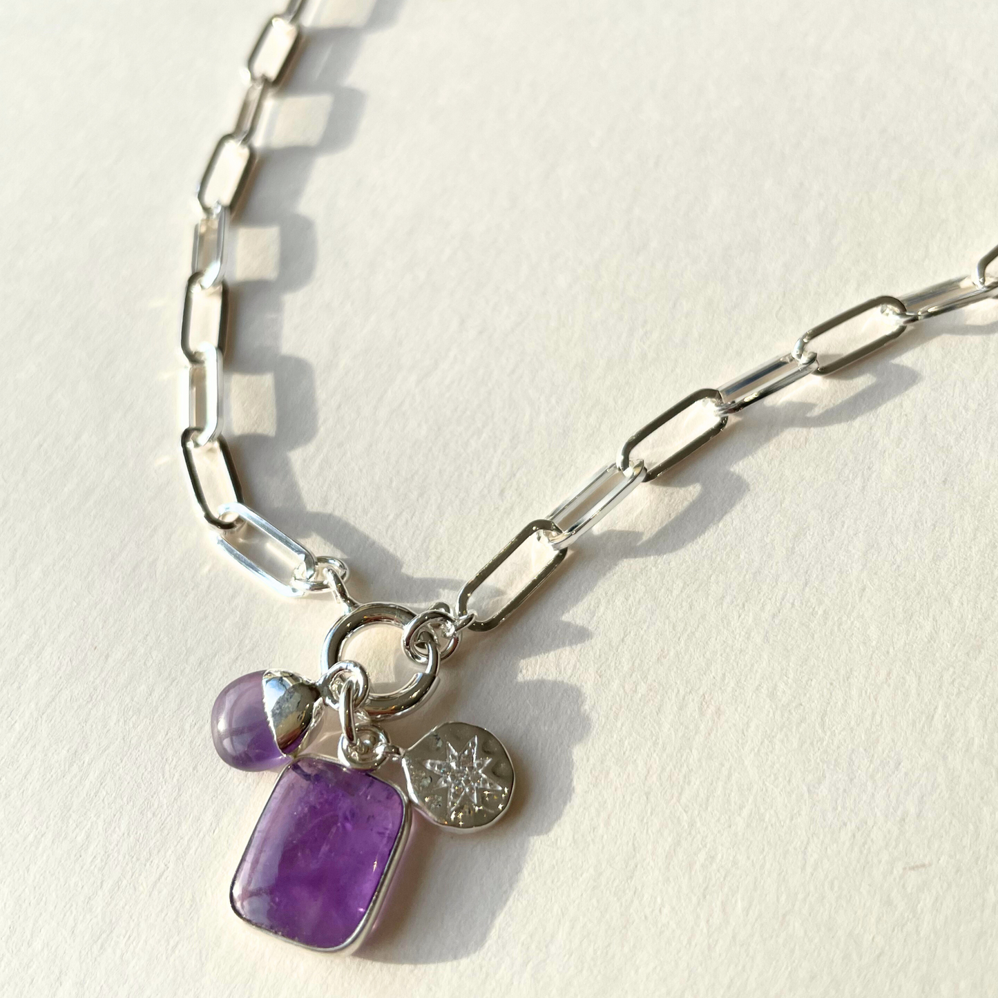 Amethyst Gem Slice Triple Chunky Chain Necklace | Calming (Silver)