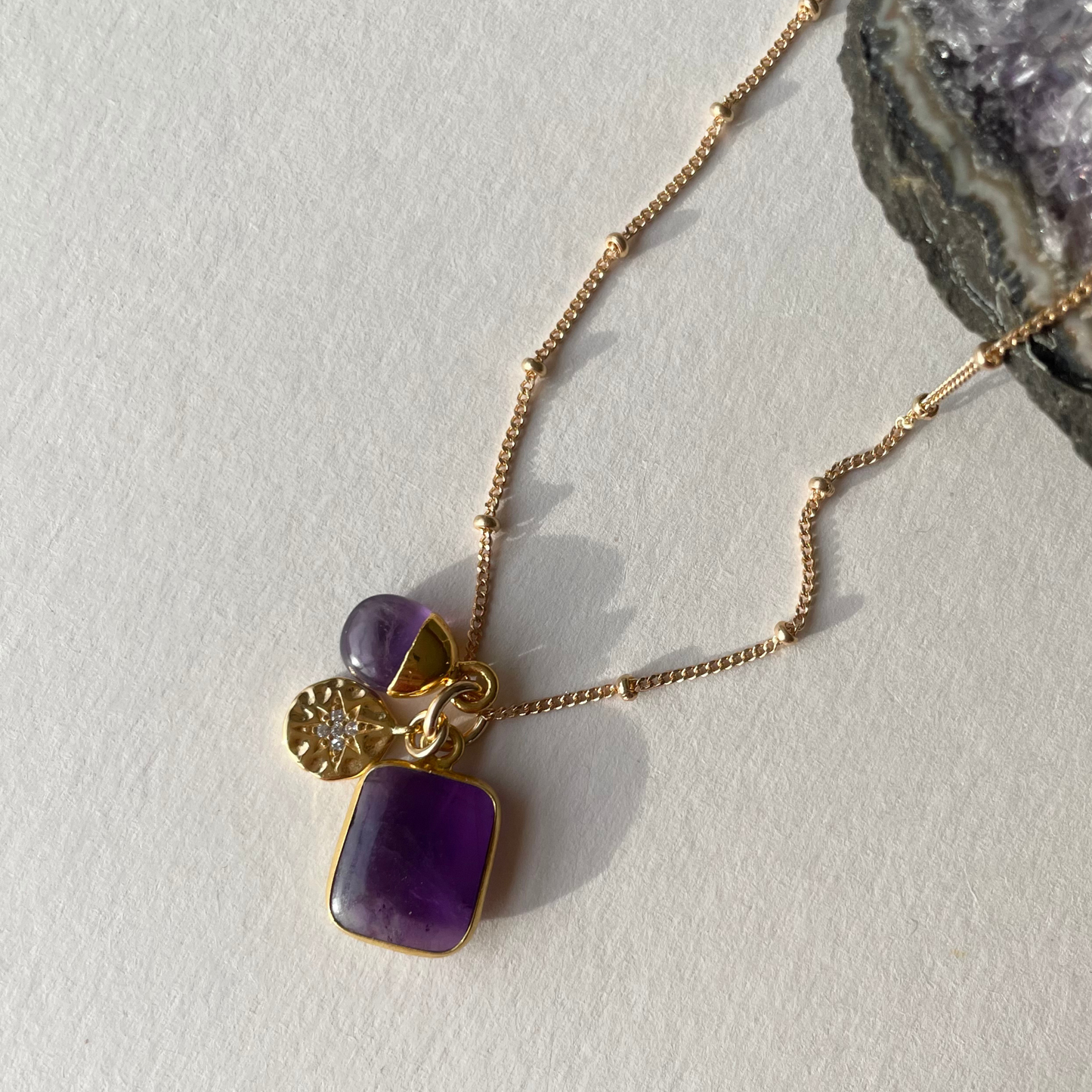 Amethyst Gem Slice Triple Necklace | Calming (Gold plated)