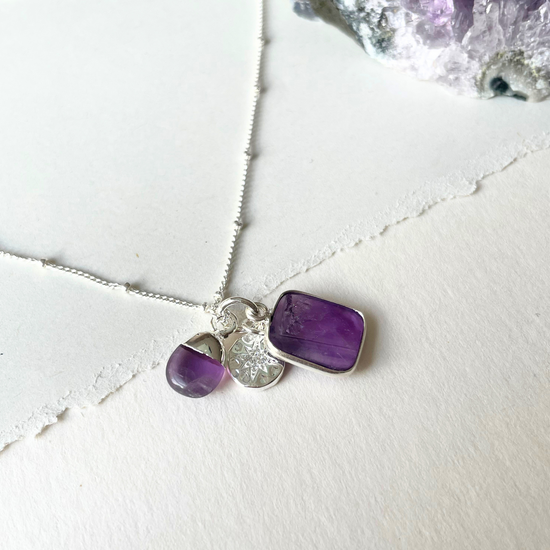 Amethyst Gem Slice Triple Necklace | Calming (Silver)