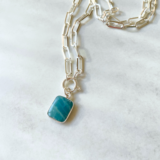 Aquamarine Gem Slice Chunky Chain Necklace | Serenity (Silver)